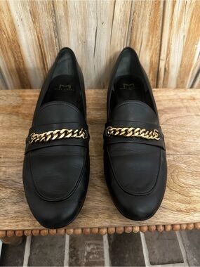 Marc Fisher Black Leather Loafers with Gold Chain